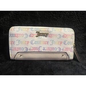 JUICY COUTURE White Rainbow Logo Large Golden Zip Around WALLET